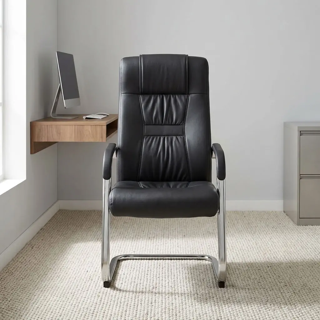 Leather visitor guest chair featuring premium black leatherette upholstery with ruched backrest paneling, a high-back ergonomic seat profile with integrated headrest padding, fixed chrome loop armrests with leatherette arm pads, and a polished tubular chrome cantilever sled base with protective floor glides.