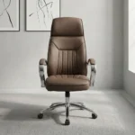Brown leather swivel office chair featuring rich brown leatherette upholstery with vertical channel stitching, an ergonomic high-back profile with integrated headrest padding, polished metal loop armrests with padded leatherette arm caps, a pneumatic height-adjustment lever with tilt-tension mechanism, and a polished chrome five-star swivel base on dual-wheel casters.