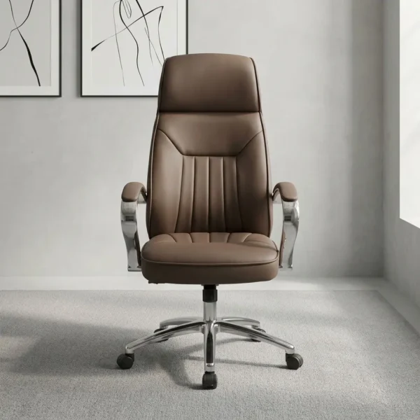 Brown leather swivel office chair featuring rich brown leatherette upholstery with vertical channel stitching, an ergonomic high-back profile with integrated headrest padding, polished metal loop armrests with padded leatherette arm caps, a pneumatic height-adjustment lever with tilt-tension mechanism, and a polished chrome five-star swivel base on dual-wheel casters.
