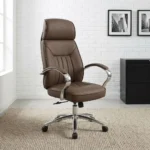 Brown leather swivel office chair featuring rich brown leatherette upholstery with vertical channel stitching, an ergonomic high-back profile with integrated headrest padding, polished metal loop armrests with padded leatherette arm caps, a pneumatic height-adjustment lever with tilt-tension mechanism, and a polished chrome five-star swivel base on dual-wheel casters.