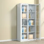 Steel full glass storage cabinet featuring a powder-coated white steel frame, dual full-length tempered glass hinged doors with recessed vertical pull handles and key lock system, four interior height-adjustable steel shelves creating five spacious storage tiers, and a flat reinforced floor-standing base.