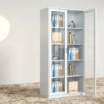 Steel full glass storage cabinet featuring a powder-coated white steel frame, dual full-length tempered glass hinged doors with recessed vertical pull handles and key lock system, four interior height-adjustable steel shelves creating five spacious storage tiers, and a flat reinforced floor-standing base.