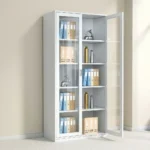 Steel full glass storage cabinet featuring a powder-coated white steel frame, dual full-length tempered glass hinged doors with recessed vertical pull handles and key lock system, four interior height-adjustable steel shelves creating five spacious storage tiers, and a flat reinforced floor-standing base.