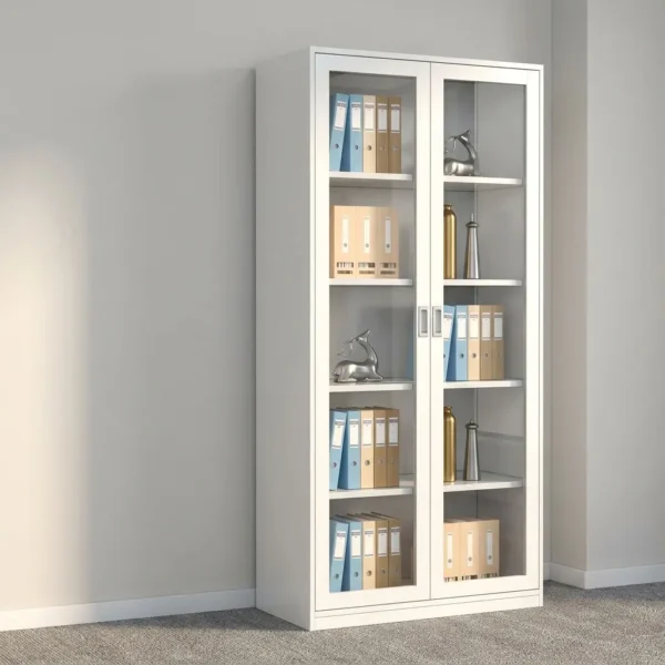 Lockable full glass office cabinet featuring a durable white powder-coated steel frame, dual full-length tempered glass swing doors with recessed metal handles and a central key lock mechanism, four interior adjustable height steel shelves providing five storage tiers, and a sturdy flat base.