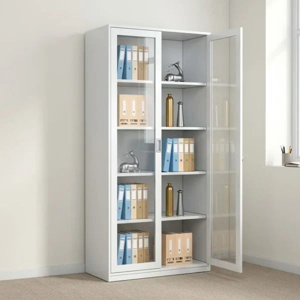2-door metallic storage cabinet featuring a powder-coated white steel frame, dual full-length tempered glass hinged doors with recessed vertical metal handles and a central locking mechanism, four interior height-adjustable steel shelves providing five storage tiers, and a reinforced flat floor base.