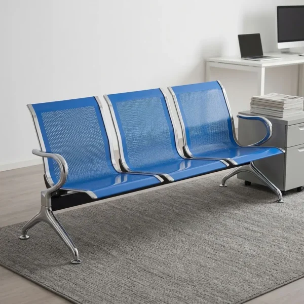 Blue 3-link reception waiting bench featuring three perforated blue powder-coated steel contoured seats, polished metal side armrests and trim edging, a heavy-duty black crossbeam beam support, and flared polished steel triangular legs with adjustable floor glides.