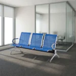 3-link blue steel waiting bench featuring three perforated blue powder-coated steel contoured seats, polished metal side armrests and trim edging, a heavy-duty black crossbeam support, and flared polished steel triangular legs with adjustable floor glides.