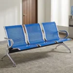 3-link blue steel waiting bench featuring three perforated blue powder-coated steel contoured seats, polished metal side armrests and trim edging, a heavy-duty black crossbeam support, and flared polished steel triangular legs with adjustable floor glides.