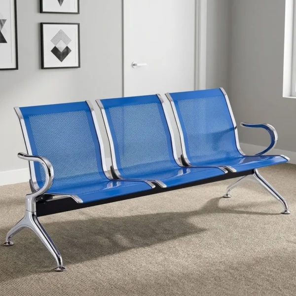 3-link blue steel waiting bench featuring three perforated blue powder-coated steel contoured seats, polished metal side armrests and trim edging, a heavy-duty black crossbeam support, and flared polished steel triangular legs with adjustable floor glides.