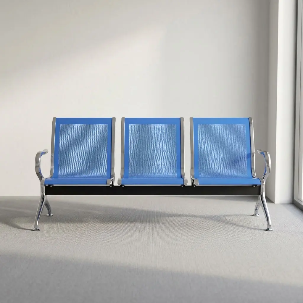 Blue 3-link reception bench featuring three perforated blue powder-coated steel contoured seats, polished chrome side armrests and protective border trim, a heavy-duty black steel crossbeam support, and flared polished chrome triangular legs with floor-leveling glides.