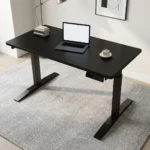 120cm black electric adjustable table featuring a smooth black laminate desktop, an under-desk digital smart control panel, a motor-driven motorized lifting system, and dual telescoping black powder-coated steel T-frame legs with low-profile flat feet.