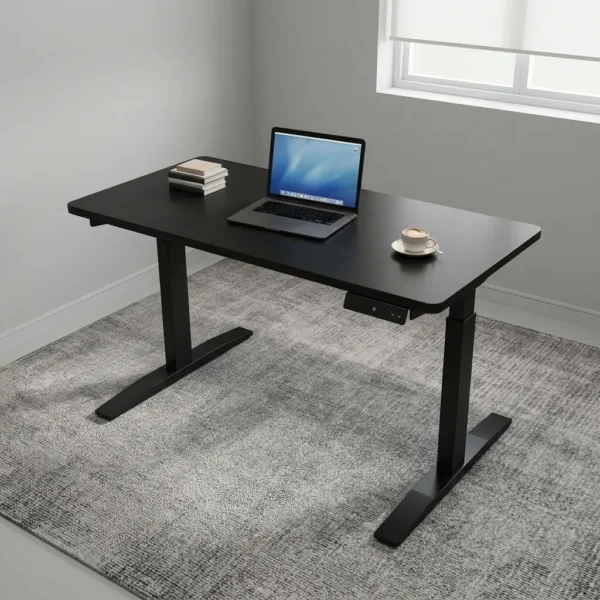 120cm black electric adjustable table featuring a smooth black laminate desktop, an under-desk digital smart control panel, a motor-driven motorized lifting system, and dual telescoping black powder-coated steel T-frame legs with low-profile flat feet.