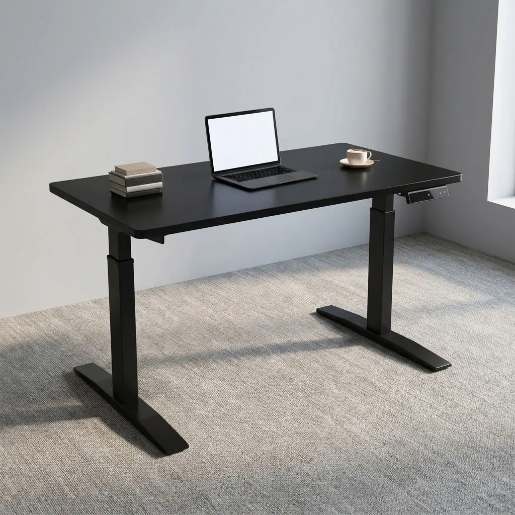 140cm black height adjustable table featuring a smooth black laminate desktop, an under-desk digital smart control panel, a motor-driven lifting mechanism, and dual telescoping black powder-coated steel T-frame legs with low-profile flat feet.
