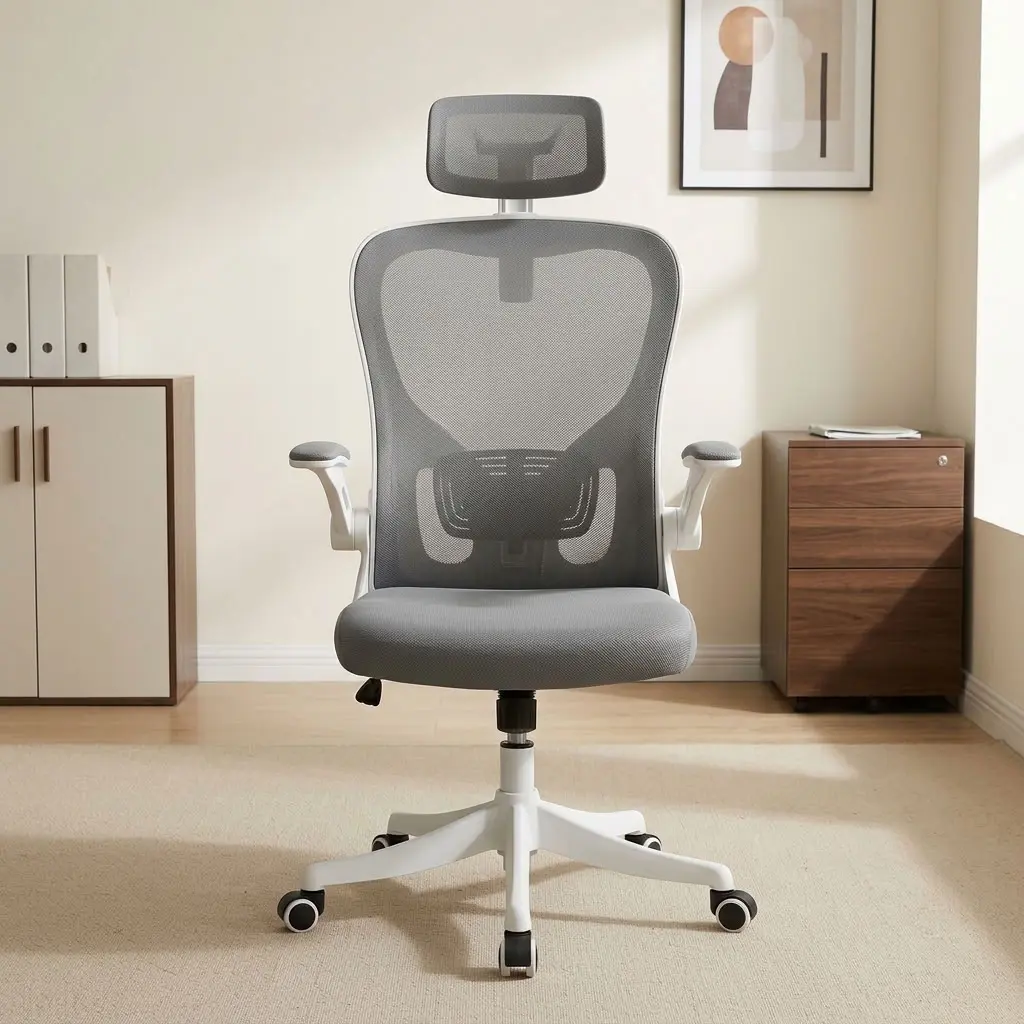 High back gray swivel chair featuring breathable light grey mesh back and seat upholstery, an adjustable mesh headrest, height-adjustable contoured lumbar support cushion, white flip-up padded armrests, a pneumatic height-adjustment lever with tilt control mechanism, and a white heavy-duty nylon five-star swivel base on dual-wheel casters.