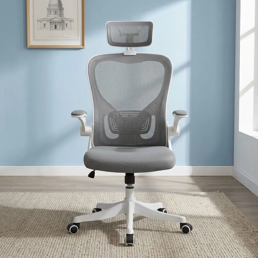Orthopedic gray swivel office seat featuring breathable grey mesh back upholstery with a fabric padded seat cushion, an adjustable mesh headrest, height-adjustable contoured lumbar support mechanism, white flip-up padded armrests, a pneumatic height-adjustment lever with tilt control, and a white heavy-duty nylon five-star swivel base on dual-wheel casters.