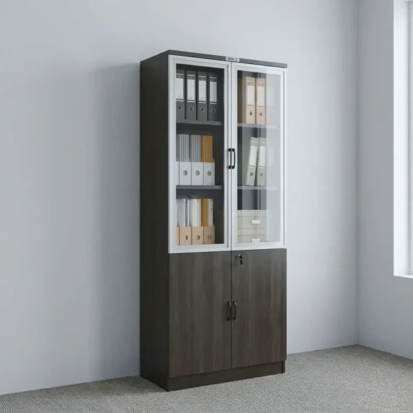 2 door wooden filing cabinet featuring a dark espresso wood-grain laminate carcass, upper dual aluminum-framed glass swing doors with vertical black handles, lower solid wooden swing doors with a central key lock mechanism, interior adjustable shelving tiers, and a integrated flush floor base pedestal.