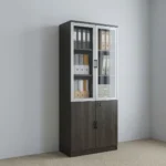 2 door wooden filing cabinet featuring a dark espresso wood-grain laminate carcass, upper dual aluminum-framed glass swing doors with vertical black handles, lower solid wooden swing doors with a central key lock mechanism, interior adjustable shelving tiers, and a integrated flush floor base pedestal.