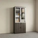 2 door wooden filing cabinet featuring a dark espresso wood-grain laminate carcass, upper dual aluminum-framed glass swing doors with vertical black handles, lower solid wooden swing doors with a central key lock mechanism, interior adjustable shelving tiers, and a integrated flush floor base pedestal.