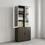 2 door wooden filing cabinet featuring a dark espresso wood-grain laminate carcass, upper dual aluminum-framed glass swing doors with vertical black handles, lower solid wooden swing doors with a central key lock mechanism, interior adjustable shelving tiers, and a integrated flush floor base pedestal.
