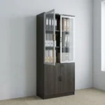 2 door wooden filing cabinet featuring a dark espresso wood-grain laminate carcass, upper dual aluminum-framed glass swing doors with vertical black handles, lower solid wooden swing doors with a central key lock mechanism, interior adjustable shelving tiers, and a integrated flush floor base pedestal.