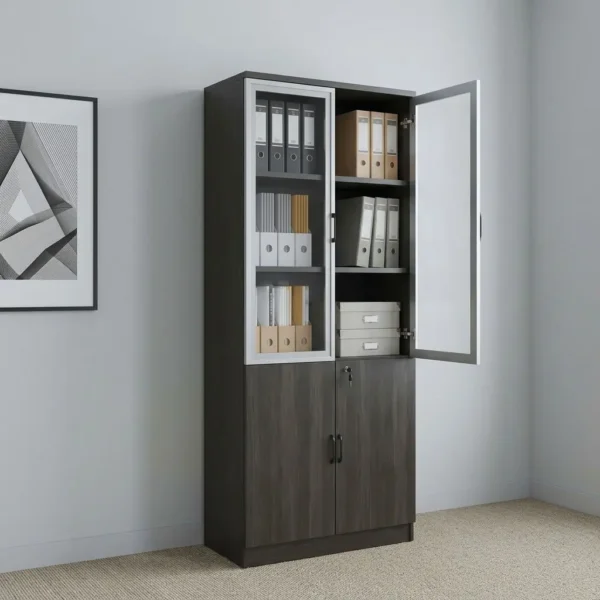 Lockable wooden file cabinet featuring a dark espresso wood-grain laminate carcass, upper dual aluminum-framed glass swing doors with vertical black handles, lower solid wooden swing doors with a central key lock mechanism, multi-tier interior adjustable storage shelving, and a sturdy integrated plinth base.