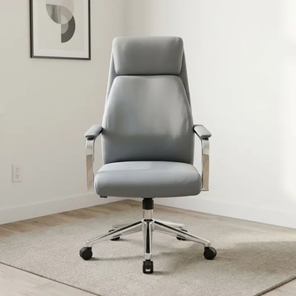 Gray high back managerial chair featuring smooth light grey leatherette upholstery, an ergonomic high-back backrest with integrated headrest cushion, polished metal fixed armrests with upholstered arm pads, a pneumatic height-adjustment lever with tilt mechanism, and a polished metal five-star swivel base on dual-wheel casters.
