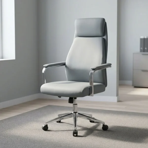 Gray leather executive office chair featuring smooth slate grey leatherette upholstery, an ergonomic high-back backrest with a padded headrest pillow, fixed chrome loop armrests with upholstered grey arm pads, a pneumatic height-adjustment lever with tilt-tension control mechanism, and a polished chrome five-star swivel base on dual-wheel casters.