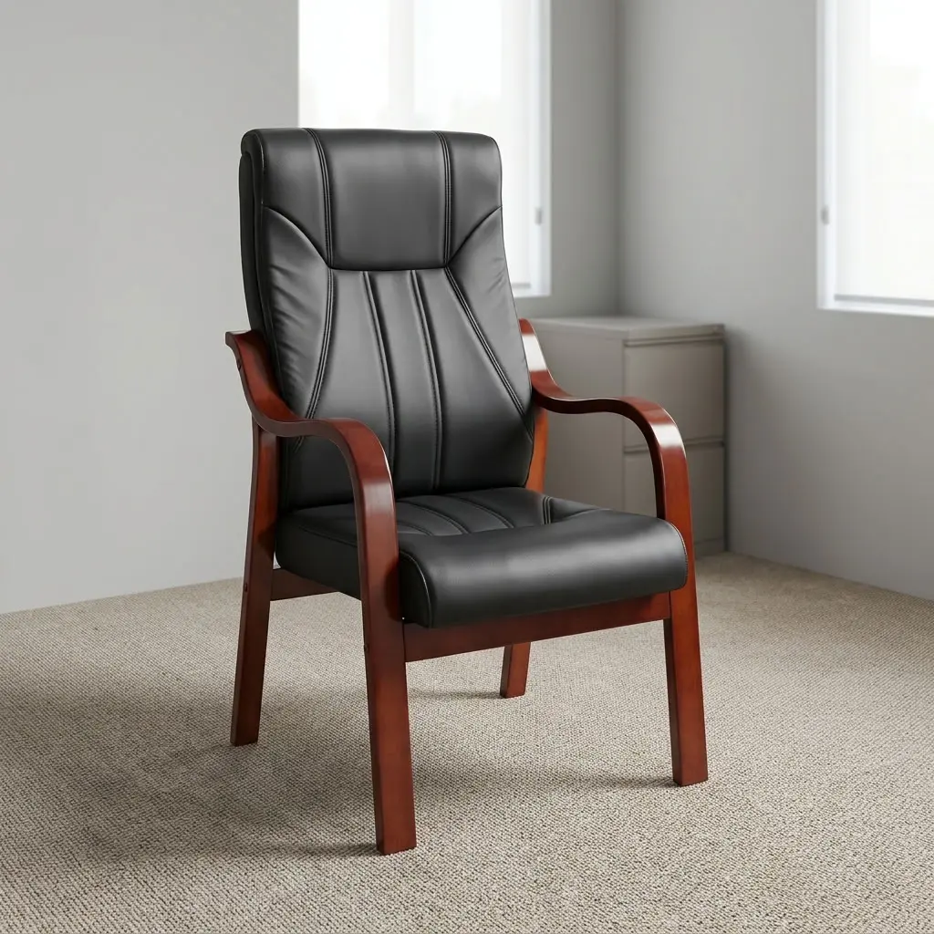 Leather executive waiting chair featuring padded black leatherette upholstery with geometric accent stitching, an ergonomic high-back backrest, mahogany-finished curved wooden armrests, and a solid mahogany-finished wooden four-leg stationary frame.