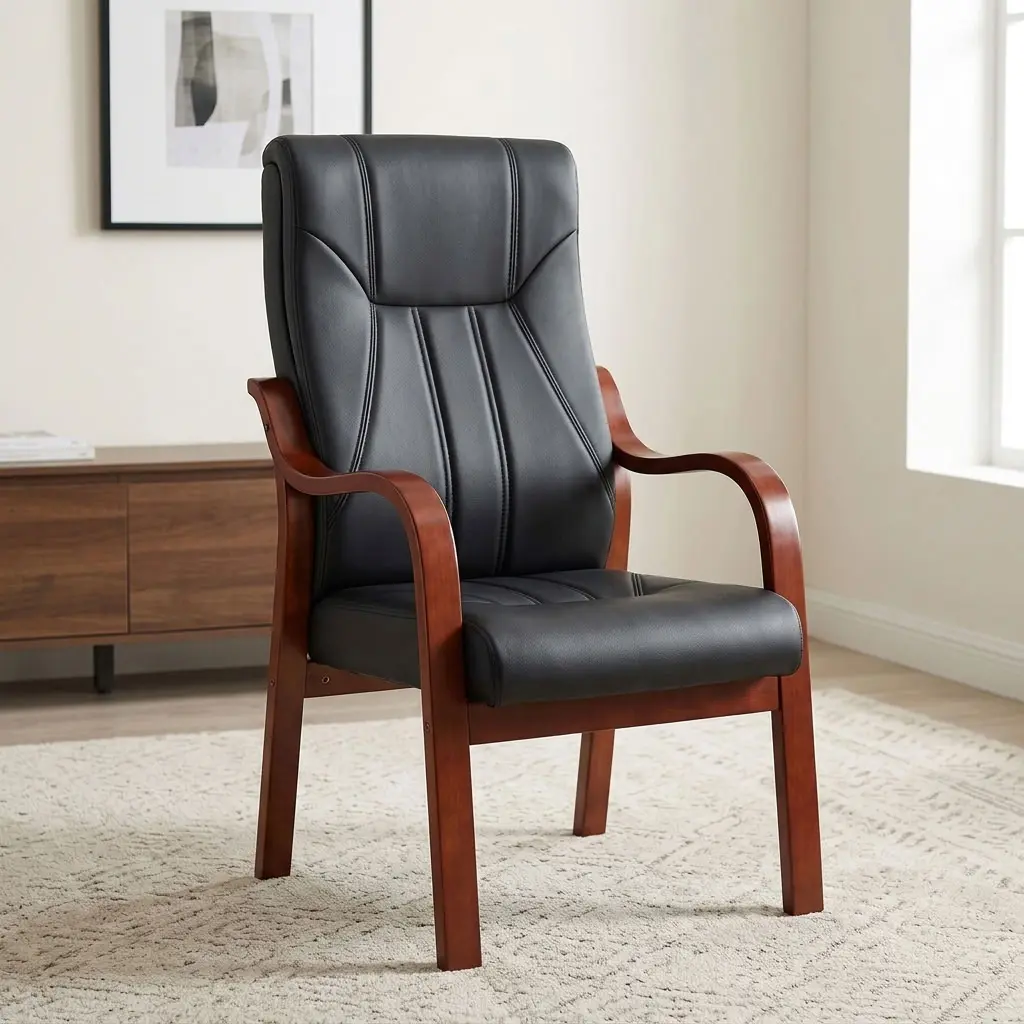 Executive leather conference chair featuring premium black leatherette upholstery with geometric accent panel stitching, an ergonomic high-back backrest, mahogany-finished curved solid wood armrests, and a sturdy mahogany-finished wooden four-leg stationary frame.