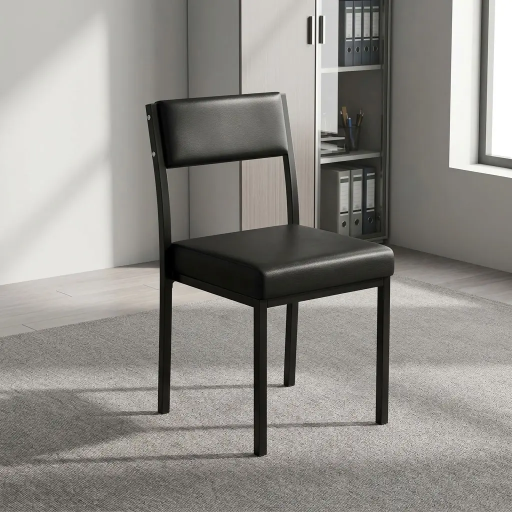 Stackable black catalina chair featuring smooth black leatherette upholstery over high-density padded seat cushions and padded mid-back backrests, an armless stackable design for space-saving storage, and heavy-duty black powder-coated square steel four-legged base frames.