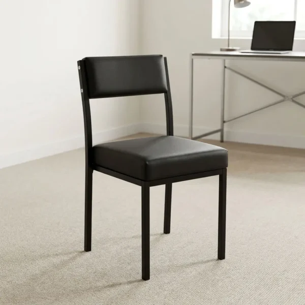 Catalina office waiting seat featuring smooth black leatherette upholstery over high-density padded seat cushions and padded mid-back backrests, an armless stackable design for compact storage, and a heavy-duty black powder-coated square steel four-legged base frame.