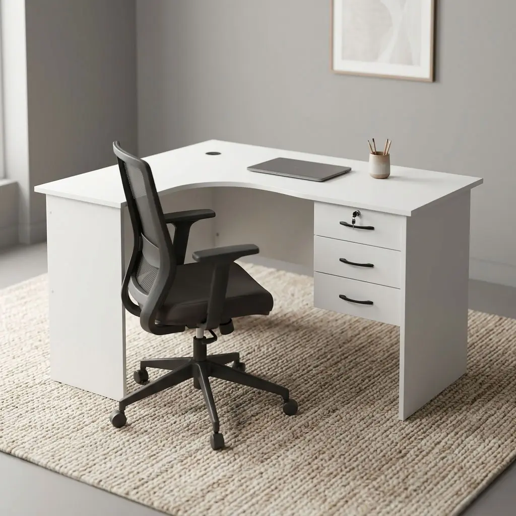 Corner 1.2m office desk featuring a clean white laminate L-shaped desktop, a black circular desktop grommet for cable management, an integrated 3-drawer storage pedestal with curved black handles, a full-height modesty panel, and solid engineered wood panel legs.