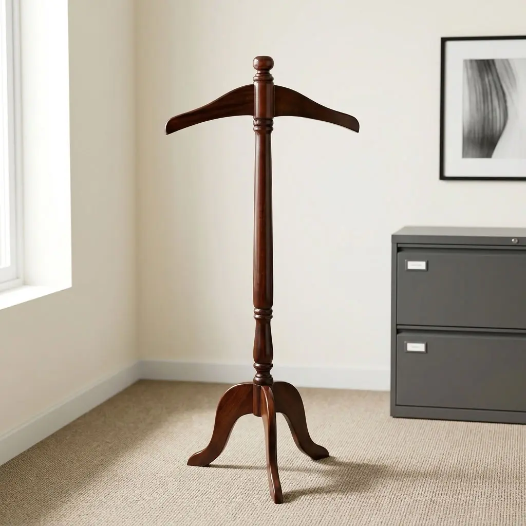 Modern office coat hanger featuring a rich dark mahogany wood finish, a curved contoured top coat hanger bar with a decorative rounded finial cap, a central turned wooden pillar post, and a stable three-legged arching tripod base.