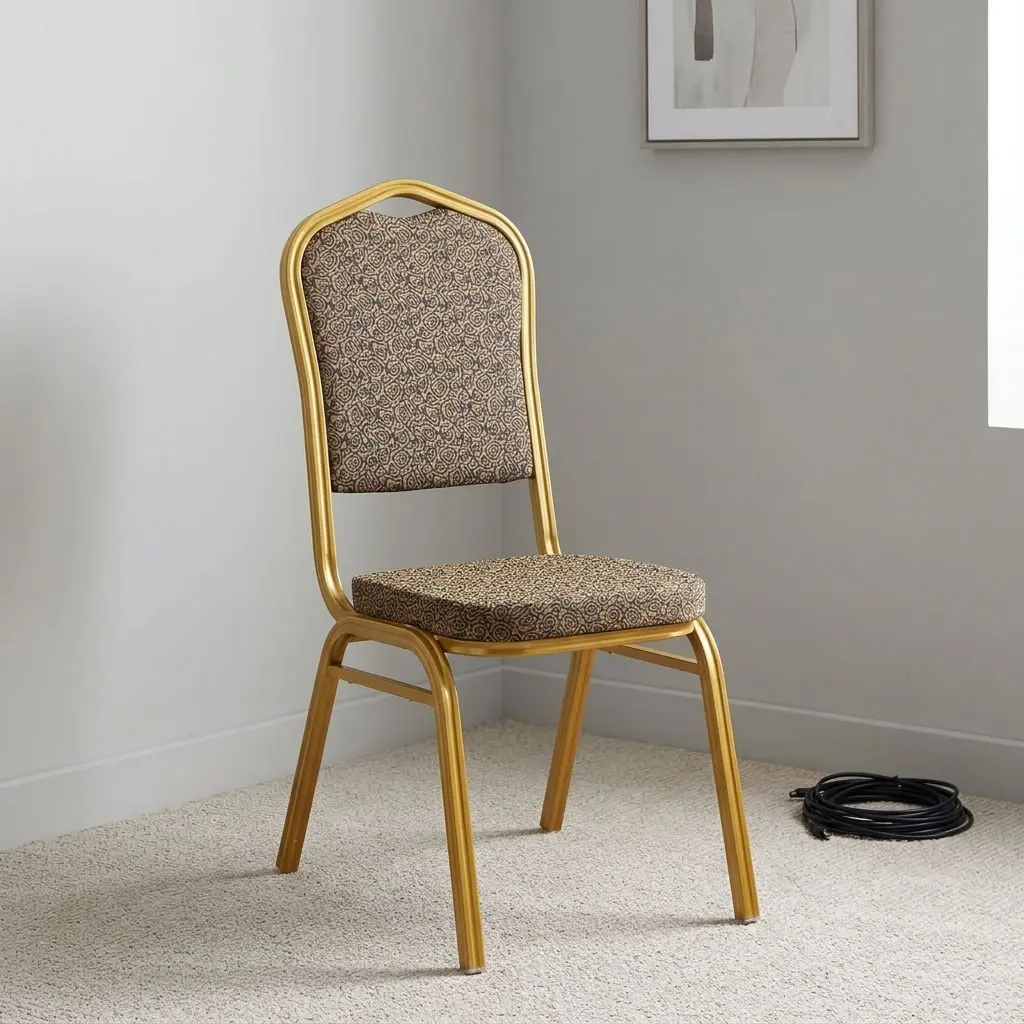 Fabric conference event chair featuring patterned beige fabric upholstery over a thick padded seat cushion and backrest, an armless stackable crown-back frame design with an integrated top hand-hold handle, and a durable gold powder-coated square steel four-legged base. Fabric conference event chair featuring patterned beige fabric upholstery over a thick padded seat cushion and backrest, an armless stackable crown-back frame design with an integrated top hand-hold handle, and a durable gold powder-coated square steel four-legged base.