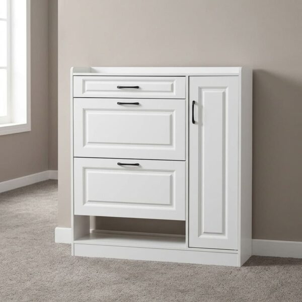 White modern shoe rack featuring crisp white engineered wood with traditional recessed panel detailing, a top utility pull-out drawer, two tilt-down shoe compartment drawers, a tall side cabinet door with slim black handles, an open lower shoe storage shelf, and a flat plinth base.