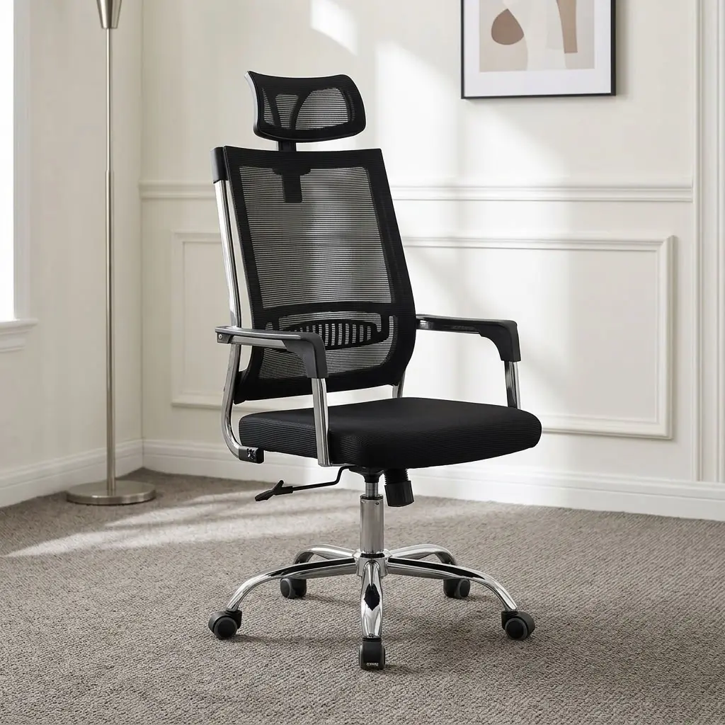 Mesh ergonomic staff seat featuring breathable black mesh backrest upholstery with high-density fabric padded seat cushioning, an adjustable contoured mesh headrest, integrated lumbar support brace, T-shaped armrests with metallic trim, a pneumatic height-adjustment lever, and a heavy-duty chrome five-star swivel base on smooth-rolling dual-wheel casters.