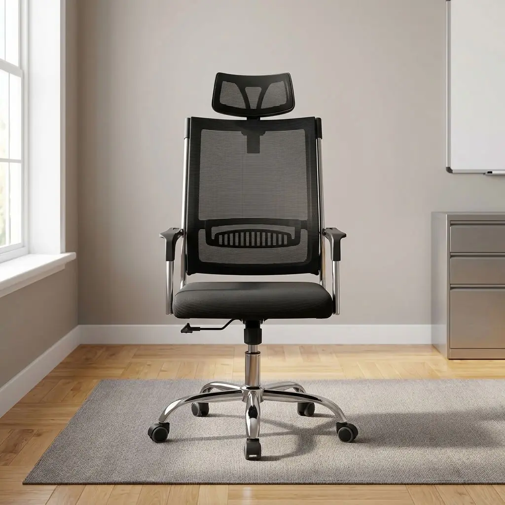 High-back ergonomic staff chair featuring breathable black mesh backrest upholstery with a high-density fabric padded seat cushion, an adjustable contoured mesh headrest, built-in lower lumbar support, T-shaped armrests with metallic accents, a pneumatic height-adjustment lever, and a heavy-duty polished chrome five-star swivel base on dual-wheel casters.