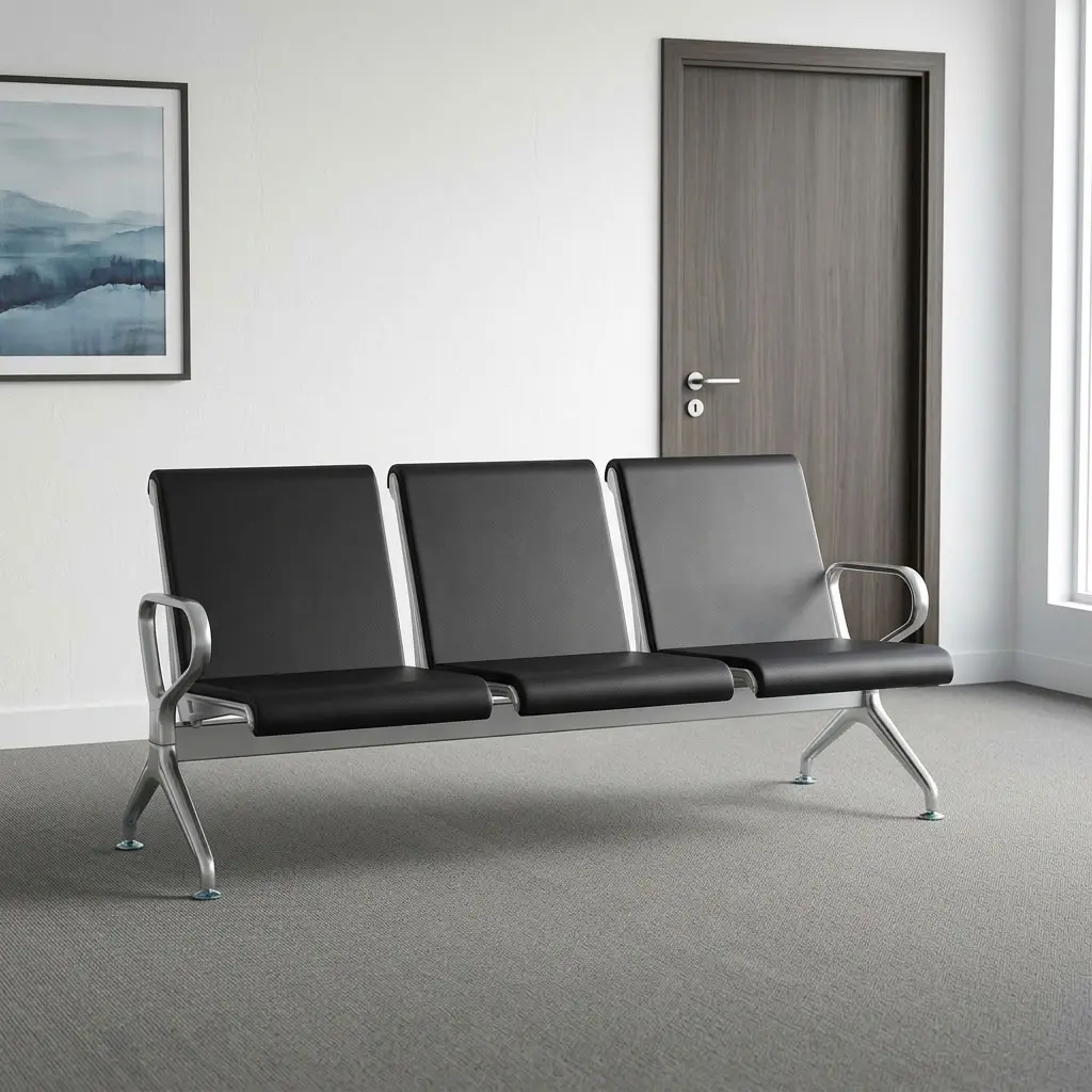Executive 3-seater waiting bench featuring three contoured matte black steel shell seats, integrated curved metallic side armrests, and a heavy-duty chrome beam support frame anchored by angled legs with adjustable floor levelers.