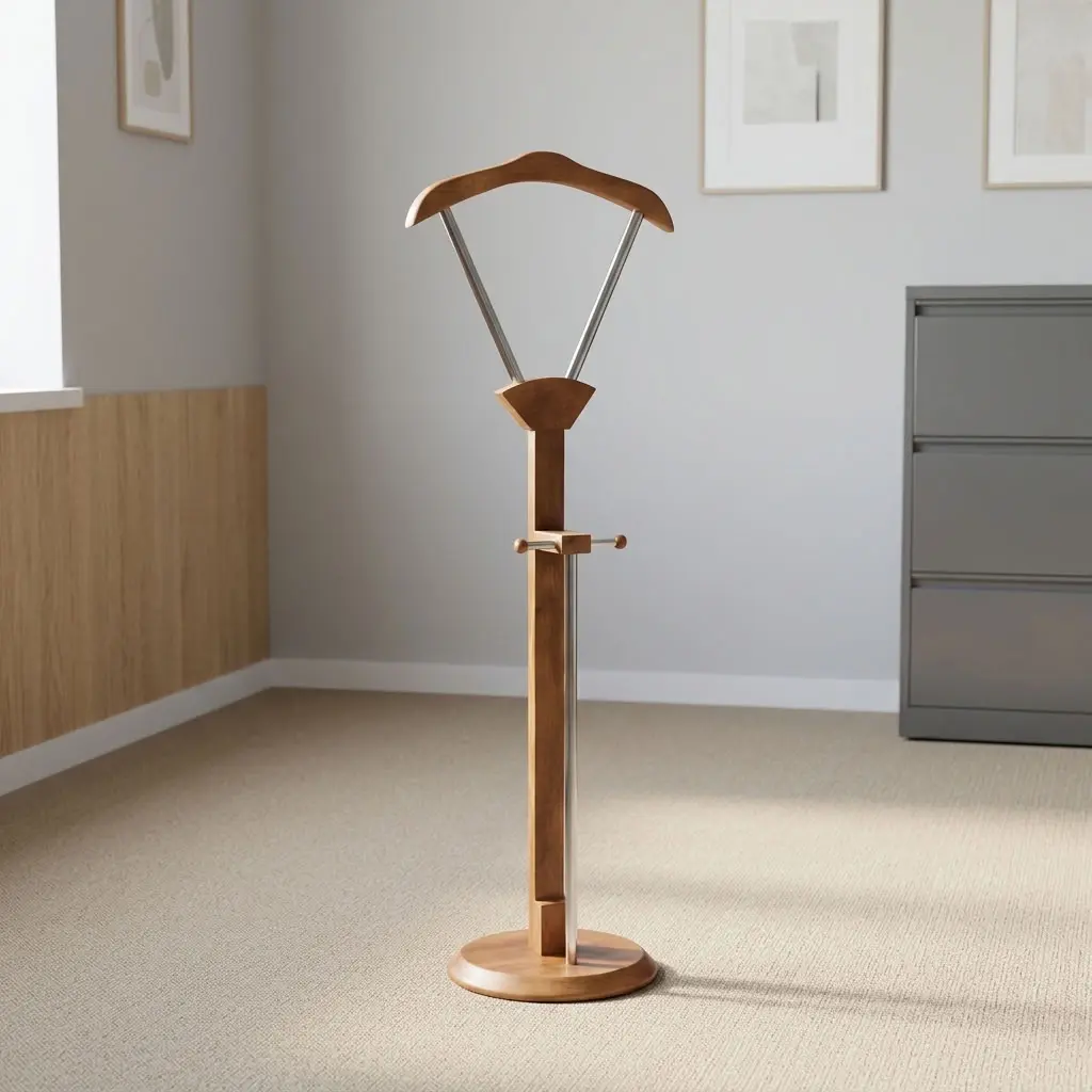 Modern wooden coat hanger featuring a natural teak-finish solid wood structure, a wide contoured top jacket hanger supported by a V-shaped metallic frame, a central wooden post with a mid-height horizontal accessory bar and vertical umbrella holder, and a weighted circular wooden disc base.