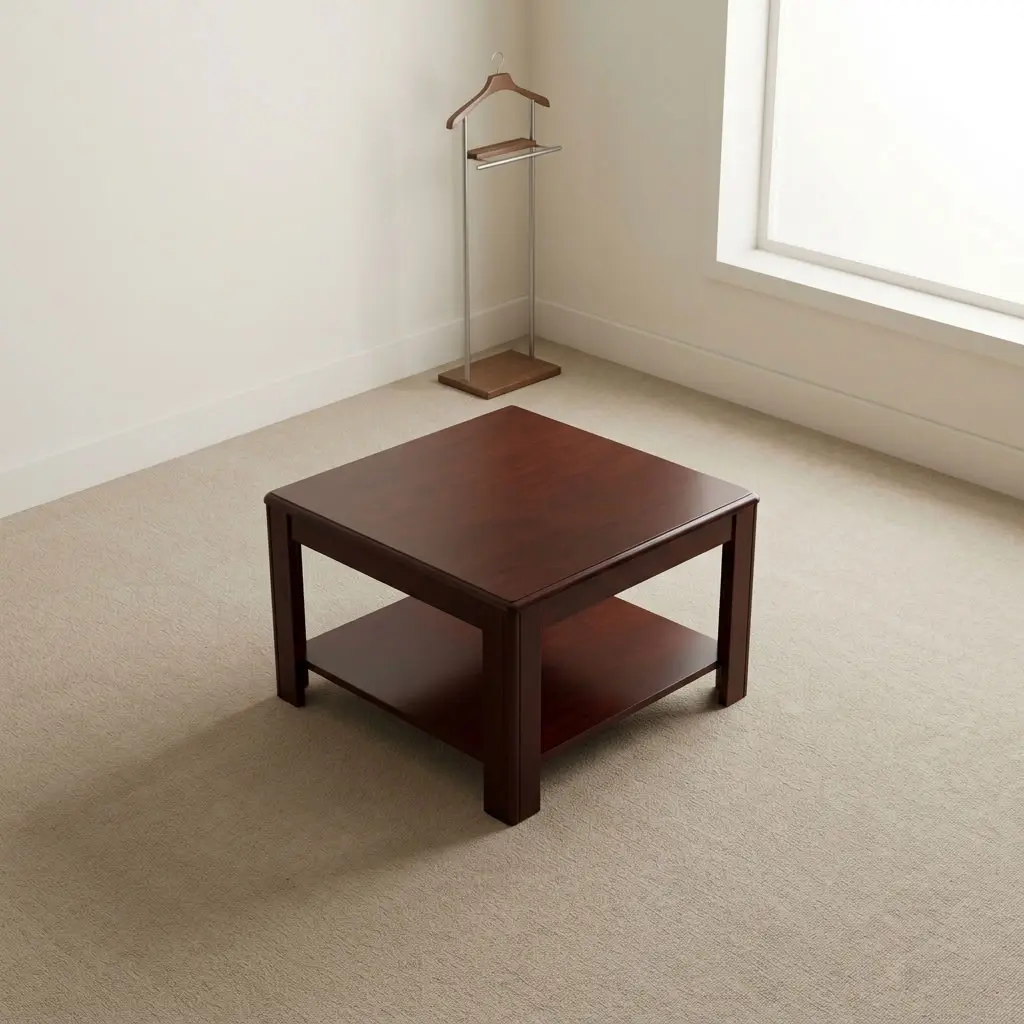 0.6m square coffee stool featuring a rich mahogany wood-grain finish, a smooth square tabletop with rounded bevel edges, a full-length lower open storage shelf, and sturdy square-cut solid wood legs. 0.6m square coffee stool featuring a rich mahogany wood-grain finish, a smooth square tabletop with rounded bevel edges, a full-length lower open storage shelf, and sturdy square-cut solid wood legs.