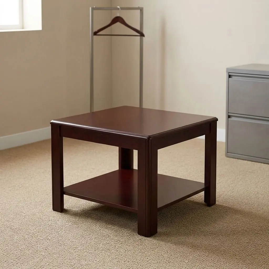 0.6m square coffee stool featuring a rich mahogany wood-grain finish, a smooth square tabletop with rounded bevel edges, a full-length lower open storage shelf, and sturdy square-cut solid wood legs. 0.6m square coffee stool featuring a rich mahogany wood-grain finish, a smooth square tabletop with rounded bevel edges, a full-length lower open storage shelf, and sturdy square-cut solid wood legs.