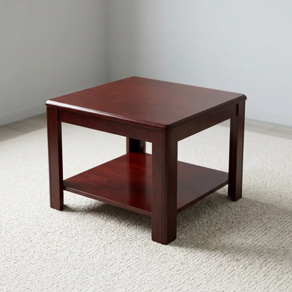 0.6m square coffee stool featuring a rich mahogany wood-grain finish, a smooth square tabletop with rounded bevel edges, a full-length lower open storage shelf, and sturdy square-cut solid wood legs.