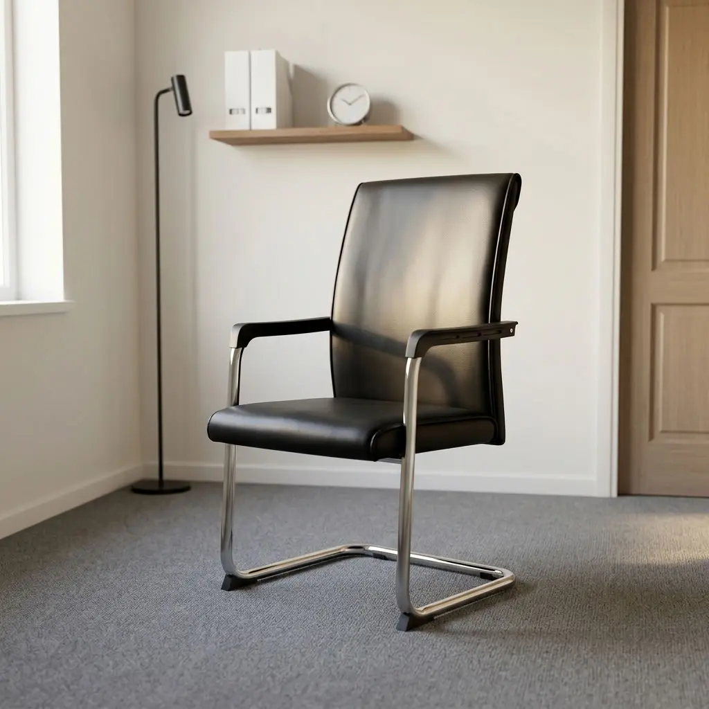 Leatherette office waiting chair featuring smooth black leatherette upholstery over a padded seat and high backrest, fixed armrests with black arm pads, and a sleek chrome-plated cantilever sleigh base.
