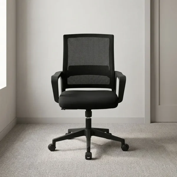 Captain Mesh Swivel Chair featuring breathable black mesh backrest upholstery over a cushioned fabric seat, fixed curved plastic armrests, built-in lower lumbar support band, a pneumatic height-adjustment lever, and a heavy-duty black nylon five-star swivel base with dual-wheel casters.