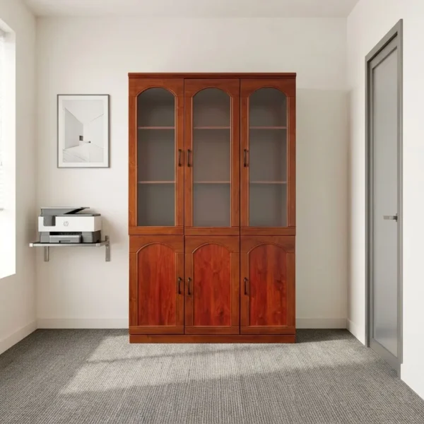 Wooden executive file cabinet featuring a rich cherry wood finish solid wood construction, three upper arch-framed clear glass display doors with internal shelves, three lower solid wooden cabinet doors with arched panel detailing, metallic vertical pull handles, and a sturdy flat-bottom plinth base.