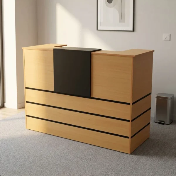 120cm office reception desk featuring a light oak wood-grain laminate construction with horizontal dark accent inlay stripes, a contrasting raised charcoal-gray center transaction counter, an integrated inner write-off work surface with a suspended three-drawer lockable storage pedestal, and full-height side and front panel supports.