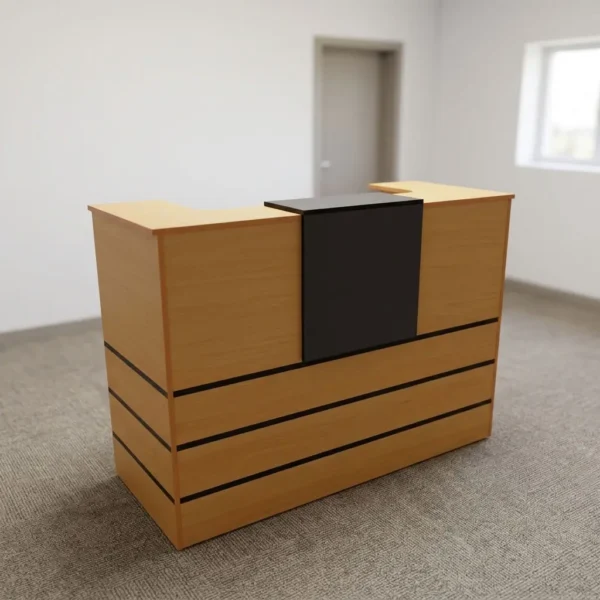 1.4m office reception table featuring a light oak wood-grain laminate construction with horizontal dark accent inlay stripes, a contrasting raised charcoal-black center transaction counter, an integrated inner write-off workspace with a suspended lockable three-drawer pedestal, and full-height side and front privacy panel supports.