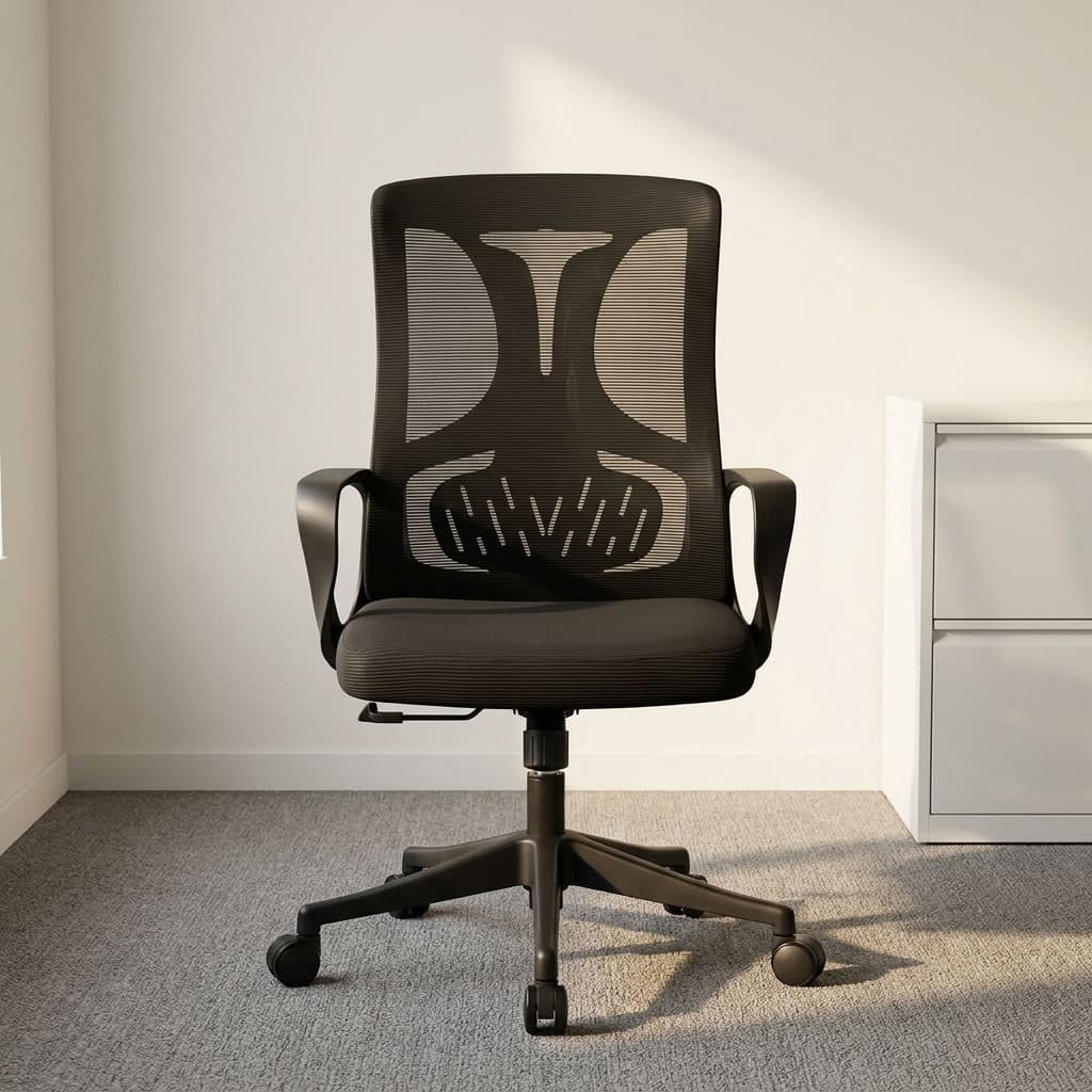 Black ergonomic staff chair featuring breathable black mesh backrest upholstery with an integrated Y-shaped lumbar support frame over a padded fabric seat, fixed curved plastic armrests, a pneumatic height-adjustment mechanism, and a heavy-duty black nylon five-star swivel base equipped with dual-wheel casters.