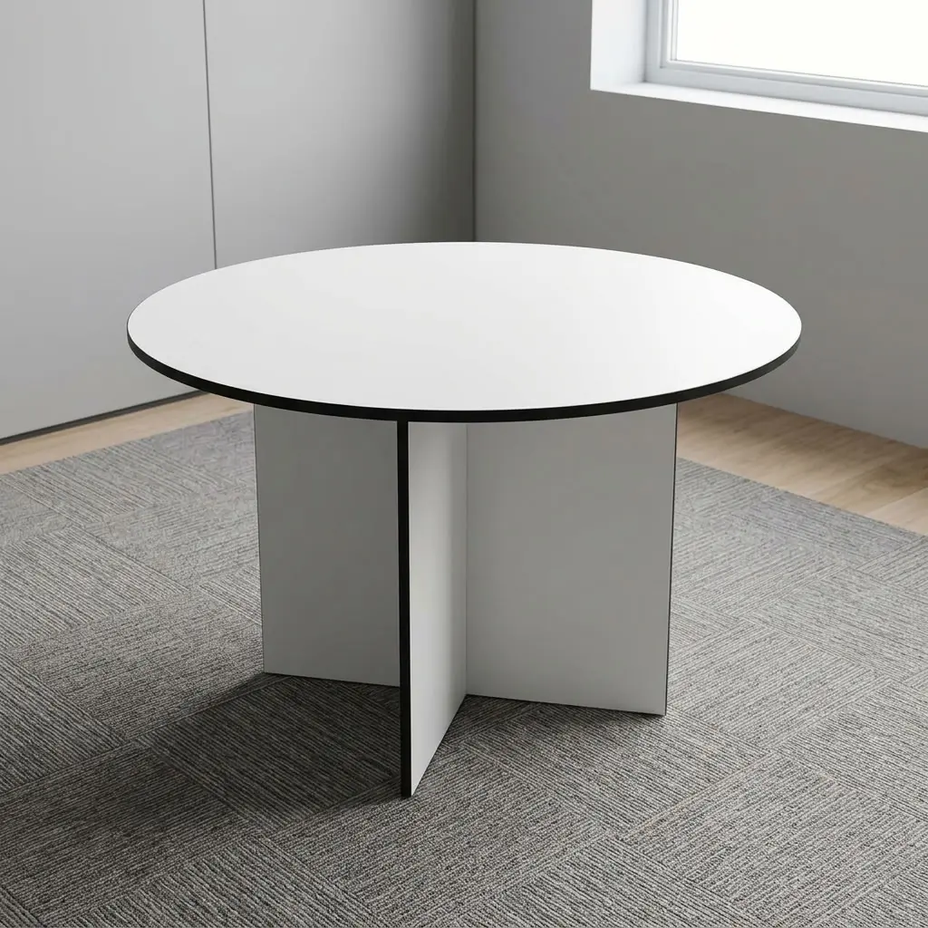 1.0m white round meeting table featuring a smooth white laminate circular tabletop with contrasting black edge banding, supported by a heavy-duty white laminate cross-shaped panel base.
