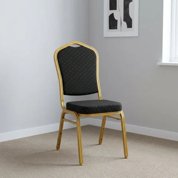 Black stackable event chair featuring black patterned fabric upholstery with gold dot accents on a crown-back backrest and padded seat cushion, an armless space-saving frame, and a durable gold powder-coated aluminum steel tubular frame base with stack bumpers and floor glides.